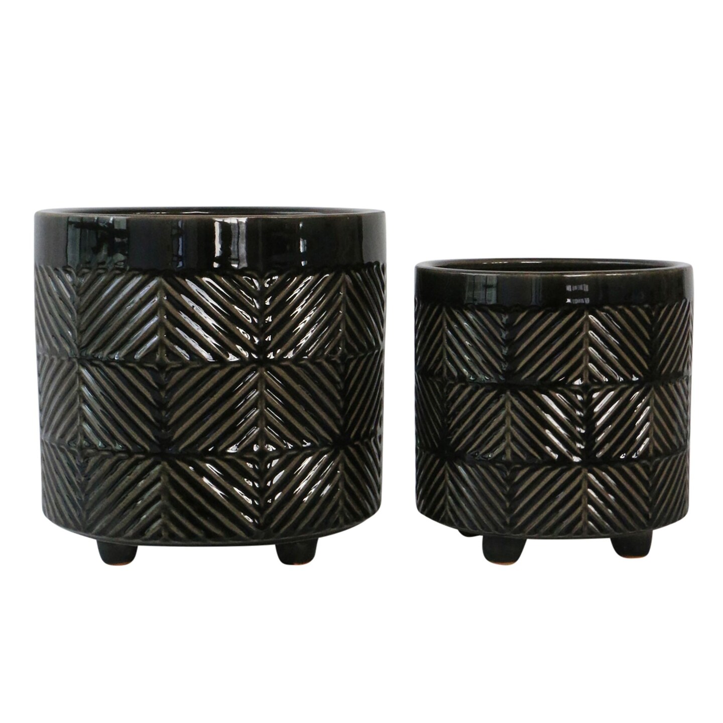 Kingston Living Shiny Textured Footed Ceramic Planters - 8" - Black - Set of 2