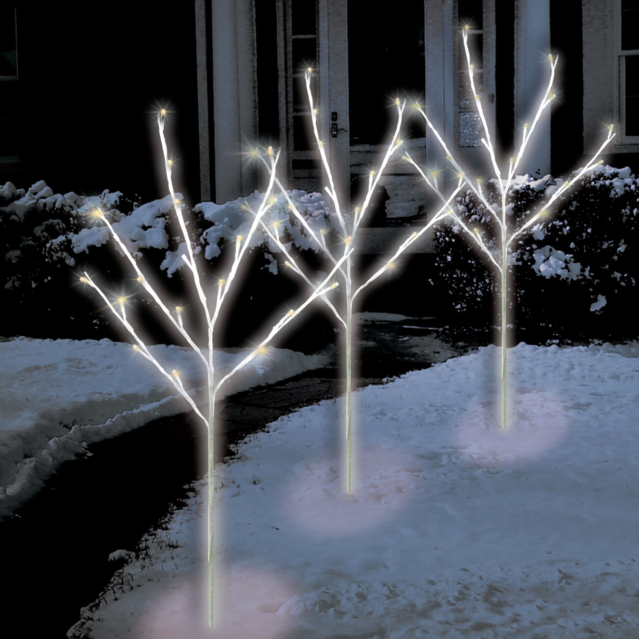 Brite Star Set of 3 LED Lighted Twinkling White Twig Tree Christmas Pathway Markers 30&#x22;, Warm White Lights