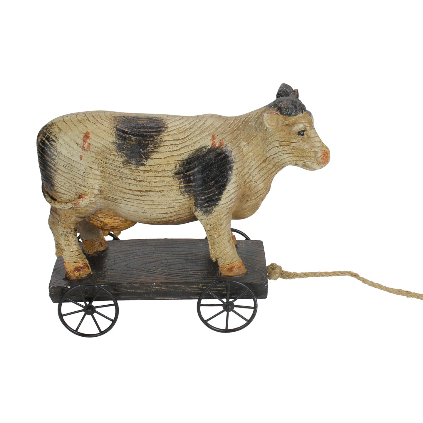Northlight 10.25&#x22; Black and White Wood Textured Cow on Cart Outdoor Garden Statue