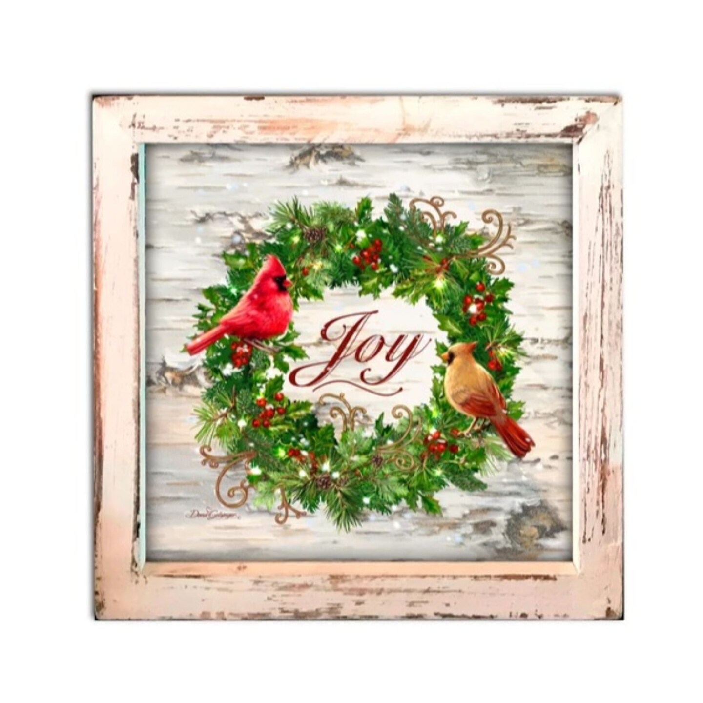 Glow Decor 8&#x22; White and Green Lighted Cardinal Wreath Christmas Square Shadow Box Decoration