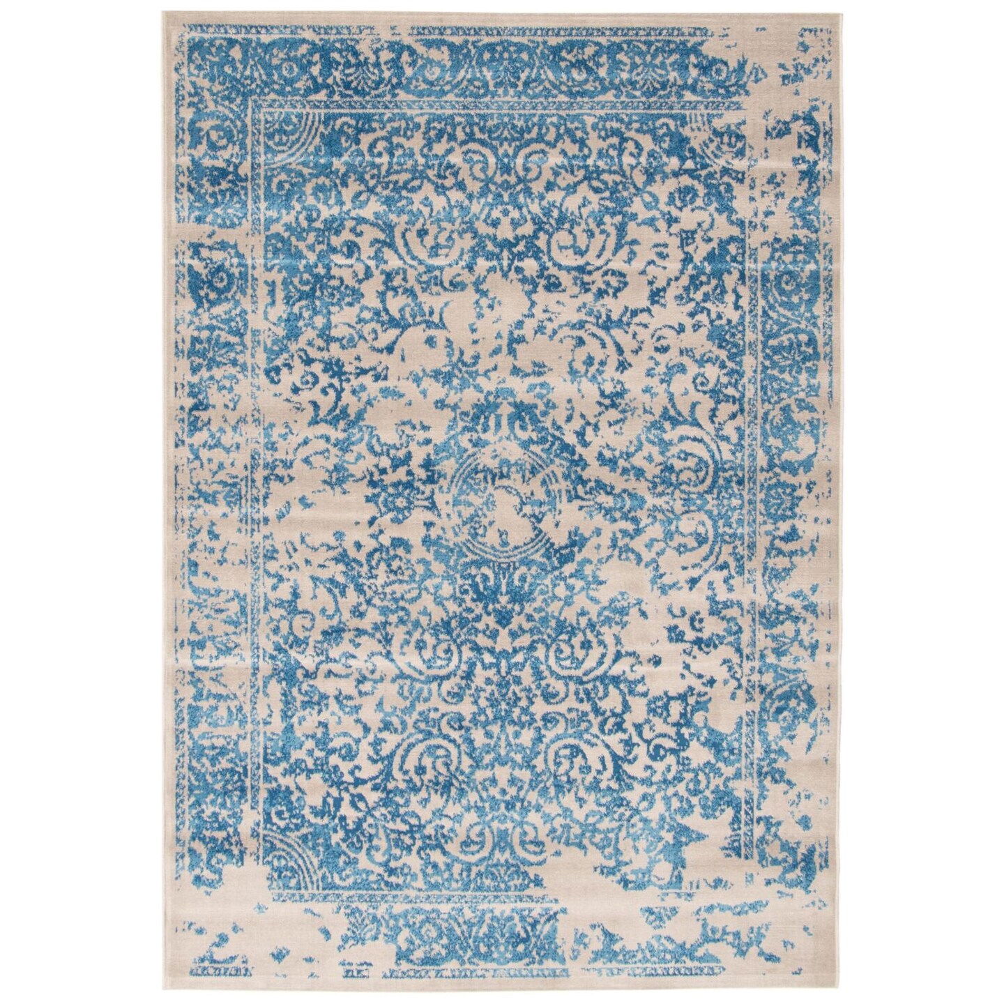 Chaudhary Living 5.25&#x27; x 7.5&#x27; Damask Distressed Rectangular Area Throw Rug - Blue and Off White