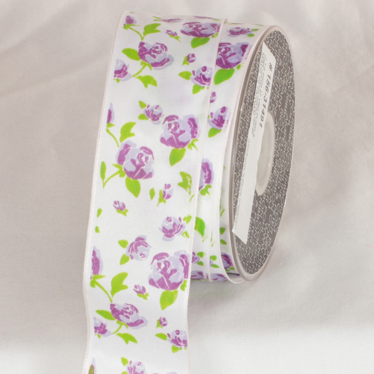The Ribbon People White and Purple Carpet Rose Printed Wired Craft Ribbon 1.5" x 27 Yards