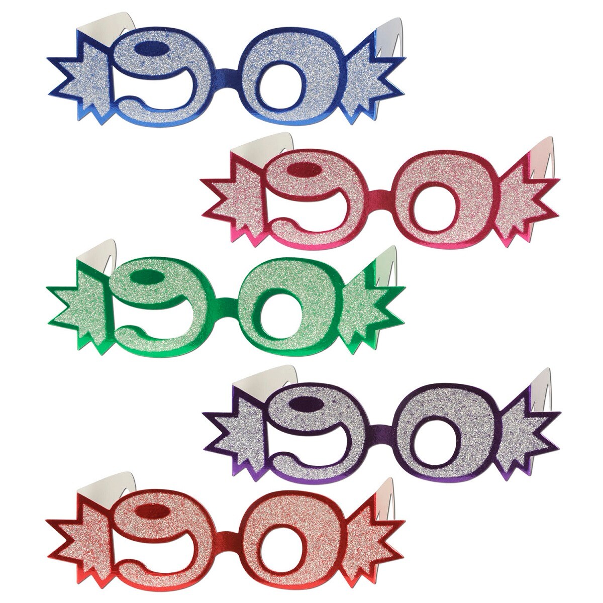 Beistle Club Pack of 25 Multi-Colored Glittered Foil &#x22;90&#x22; Eyeglasses