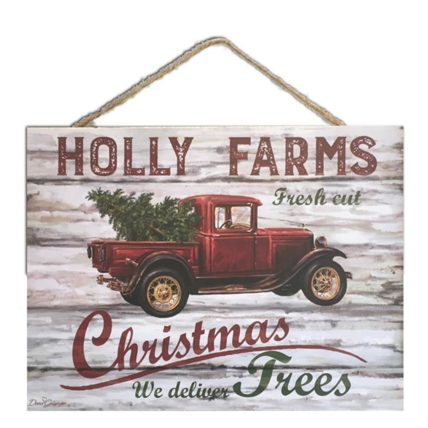 Glow Decor Cream White and Red Holly Farms Rectangular Sign with Rope Hanger 7&#x22; x 10&#x22;