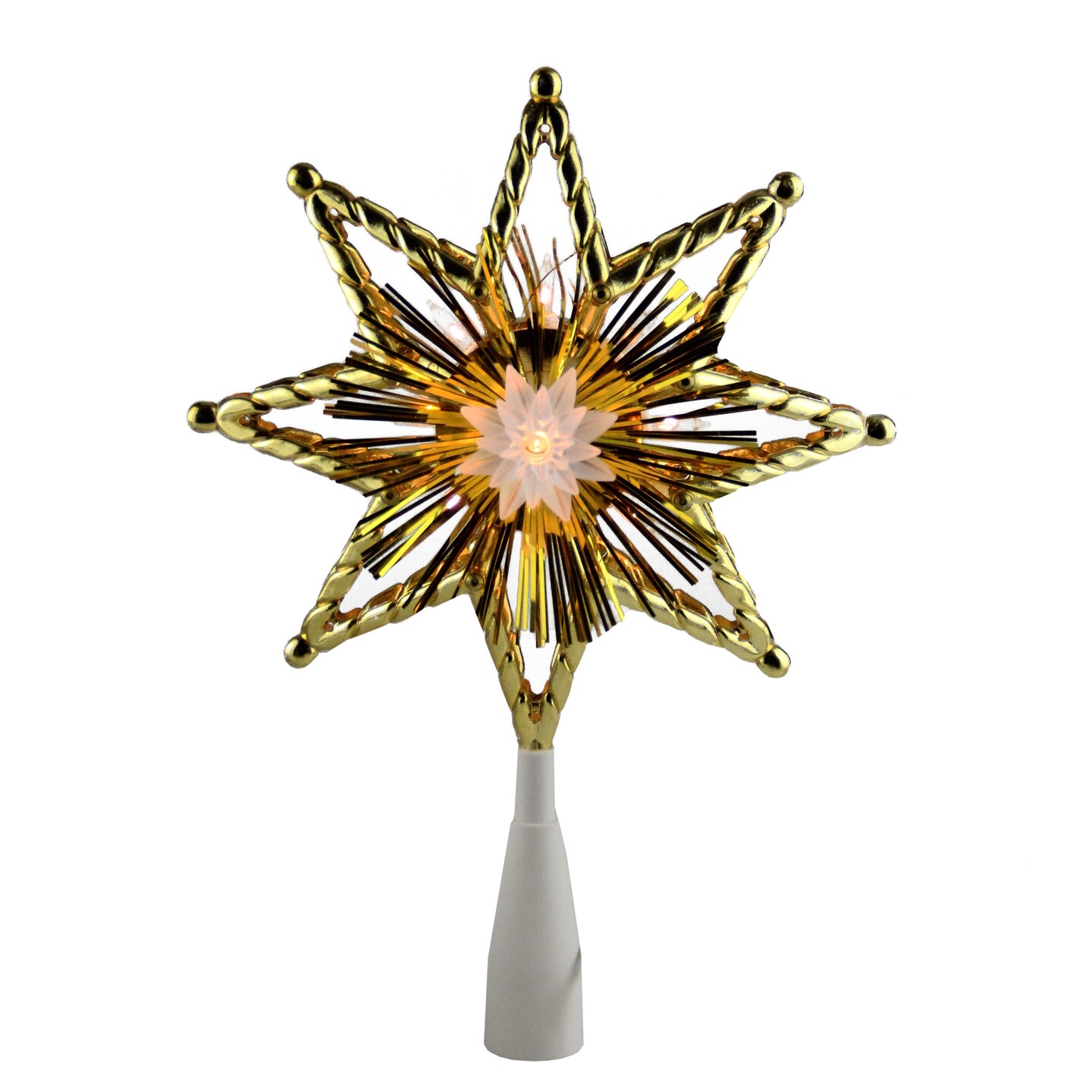 Northlight 8&#x22; Gold Tinsel 8 Point Star Christmas Tree Topper - Clear Lights