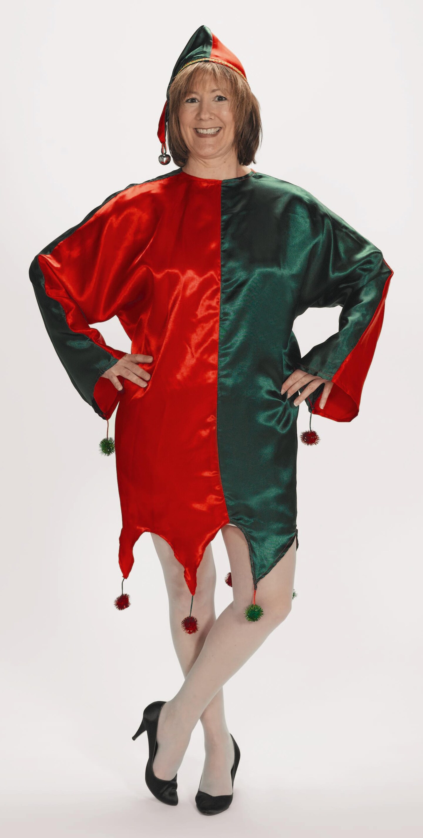 The Costume Center 2 Piece Red and Green Satin Jingle Elf Christmas Dress &#x2013; One Size Fits Most