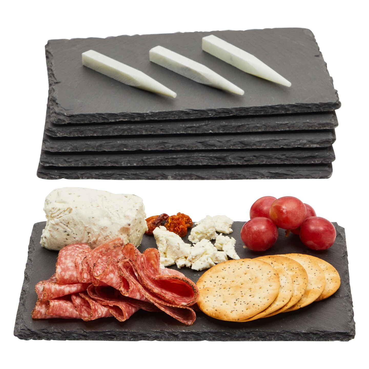 6-Piece Mini Charcuterie Boards with Chalk, Individual Stone Plates for Cheese, Meat, Appetizers, Sushi Plate for Brunch, Dinner, and Reception Meals (6 x 9 Inches)