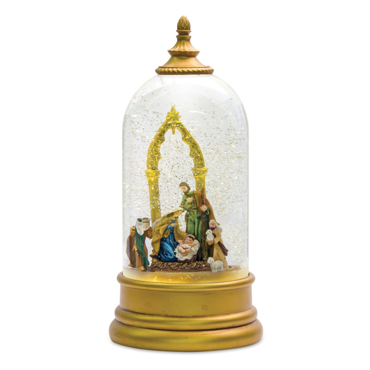 Contemporary Home Living 10.5" White and Gold Pre-Lit White and Gold Glittering Nativity Snow Globe