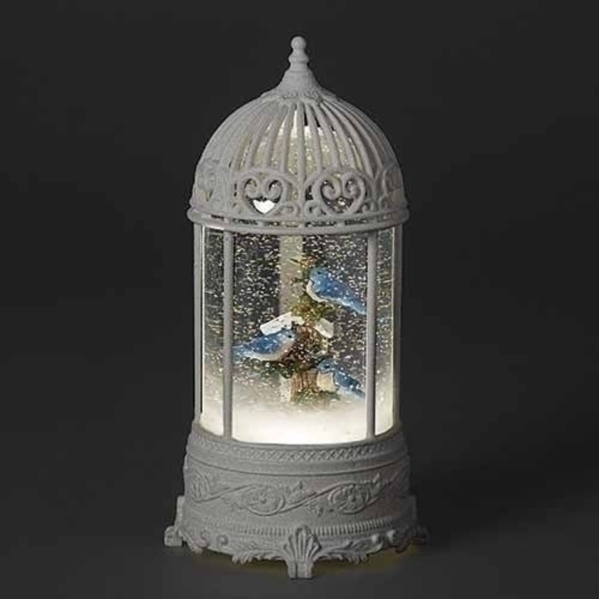 Roman 10.5" Silver and Blue LED Swirl Bird Cage Christmas Tabletop Decor