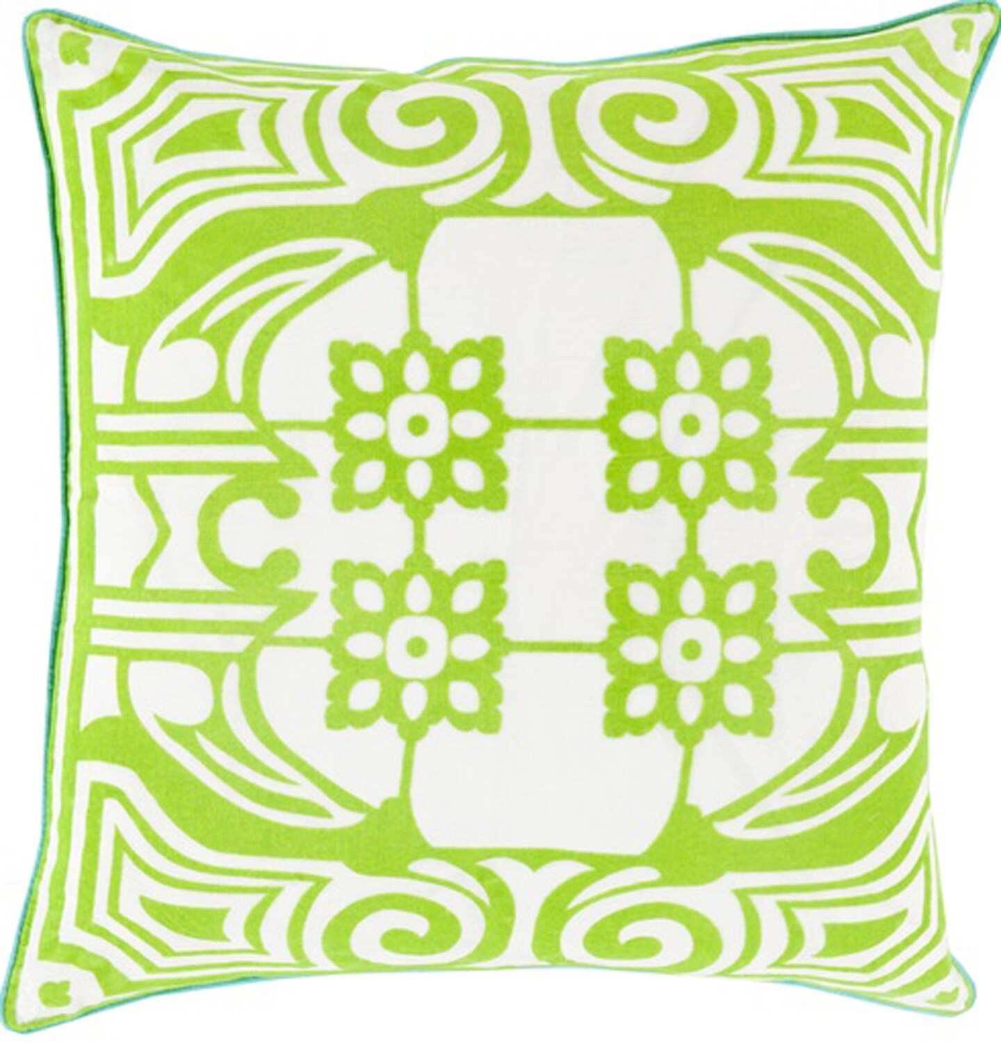 Diva At Home 22&#x22; Neon Green and White Floral Patterned Square Throw Pillow - Down Filler