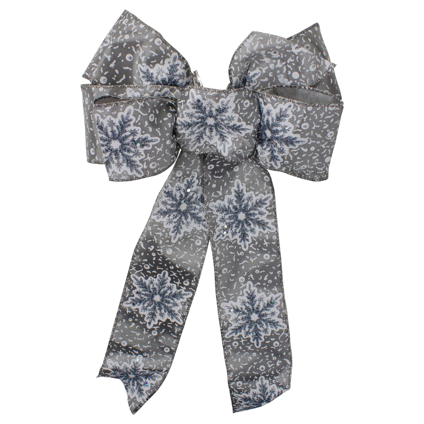 Northlight 14&#x22; x 9&#x22; Gray and White Snowflake 6 Loop Christmas Bow Decoration