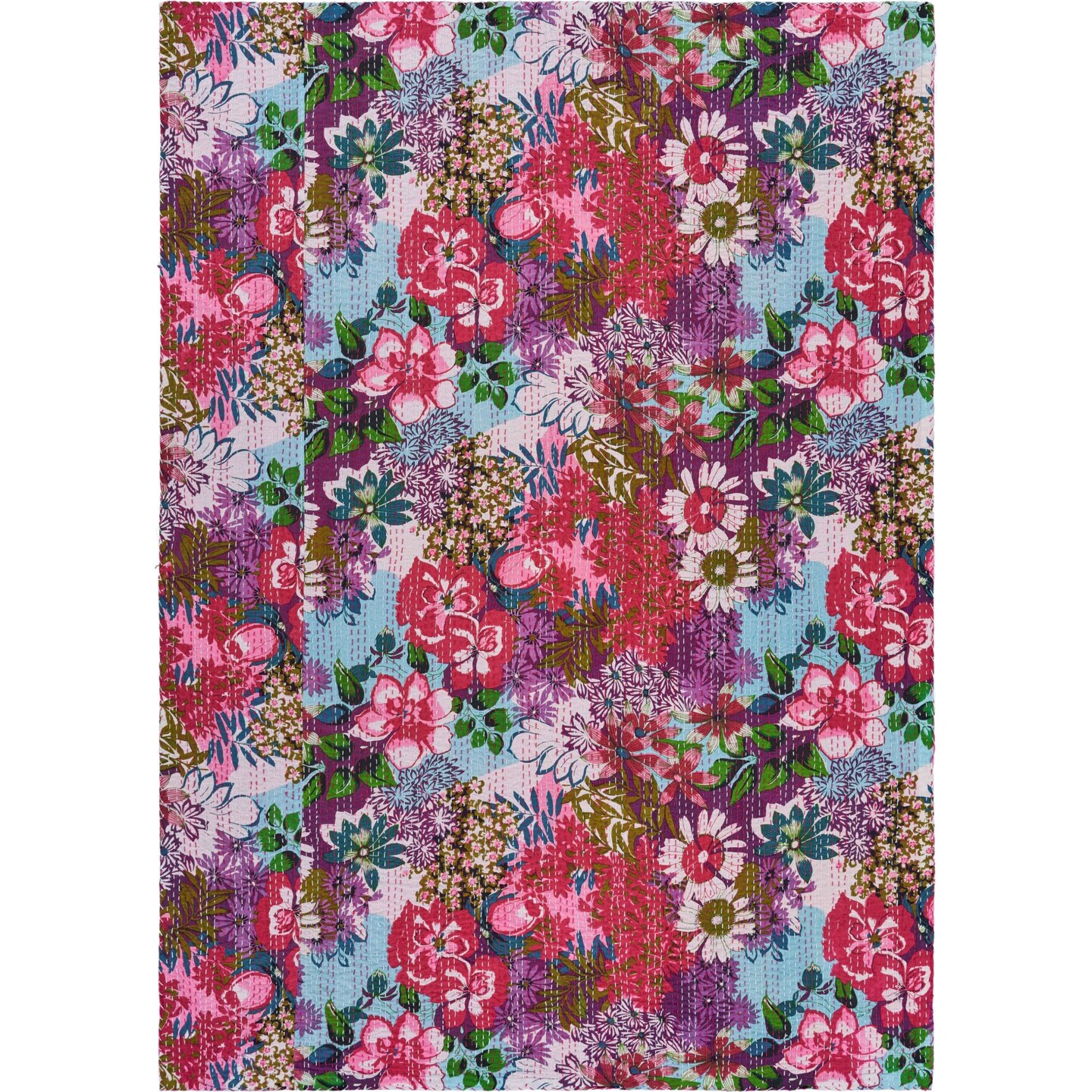 Laddha Home Designs Pink and Blue Floral Handmade Throw Blanket 50&#x22; x 70&#x22;
