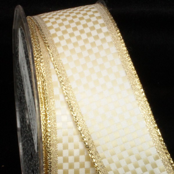 The Ribbon People White and Gold Woven Checkered Wired Craft Ribbon 1.5&#x22; x 27 Yards