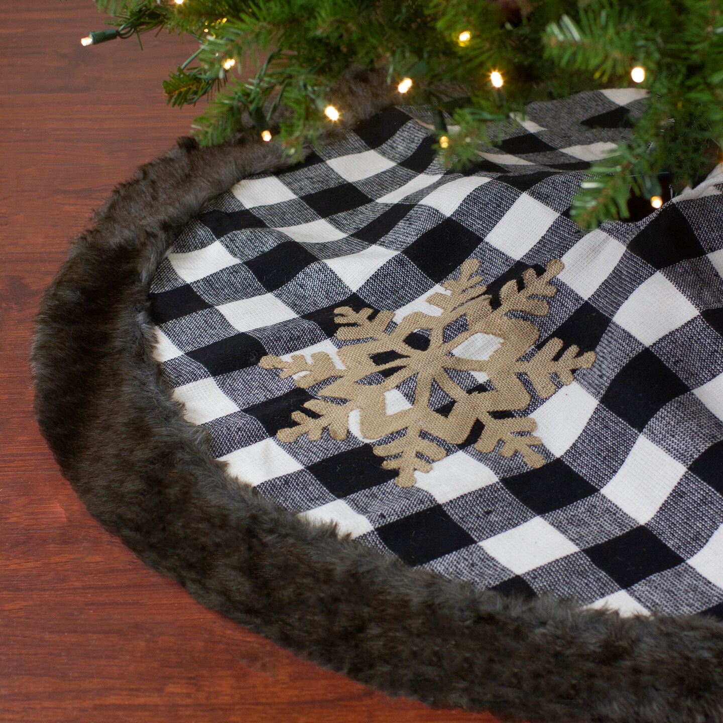 Northlight 48" Black and White Buffalo Plaid Christmas Tree Skirt with Burlap Snowflake