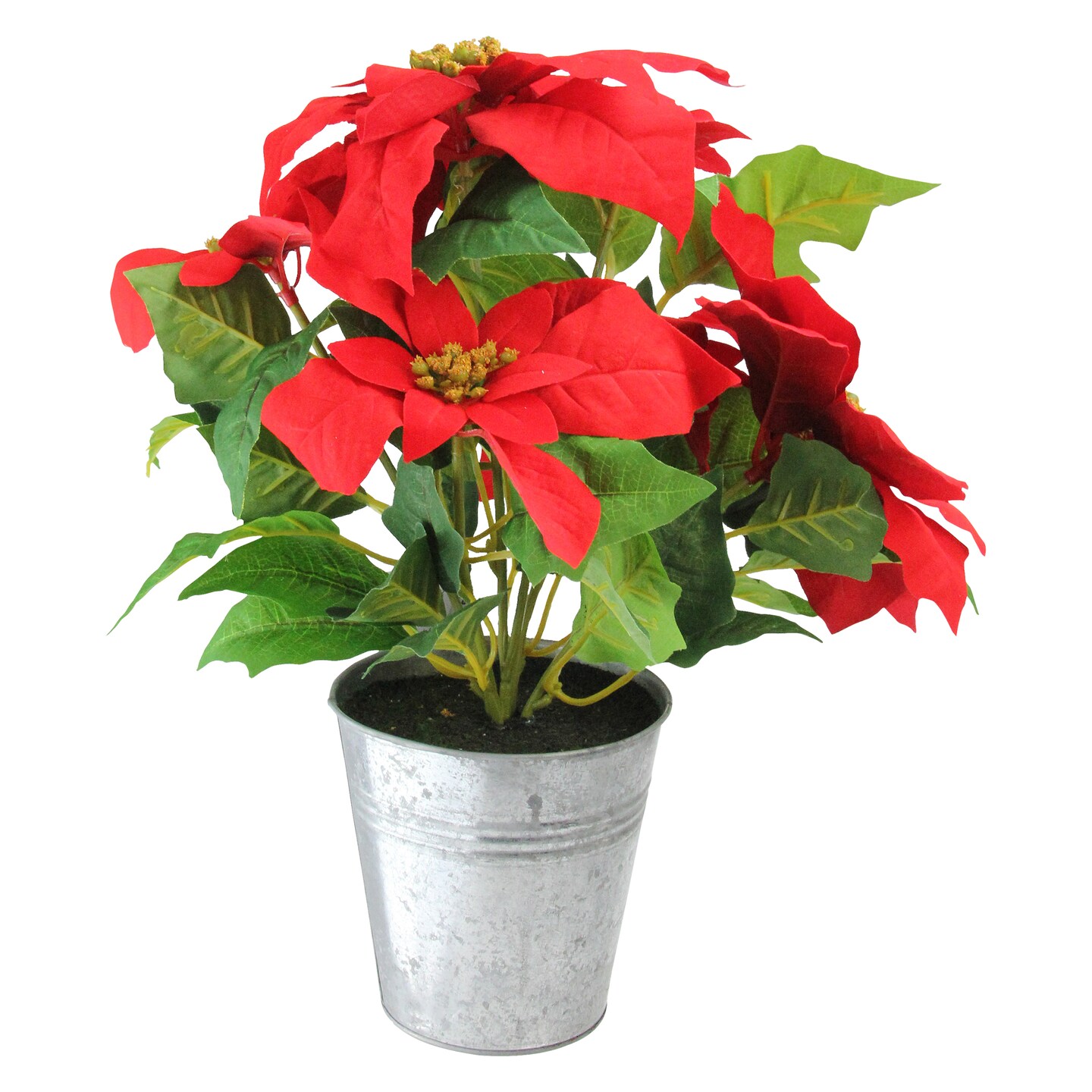 Northlight 15.5&#x22; Red and Green Artificial Poinsettia Christmas Flower Arrangement in Silver Pot
