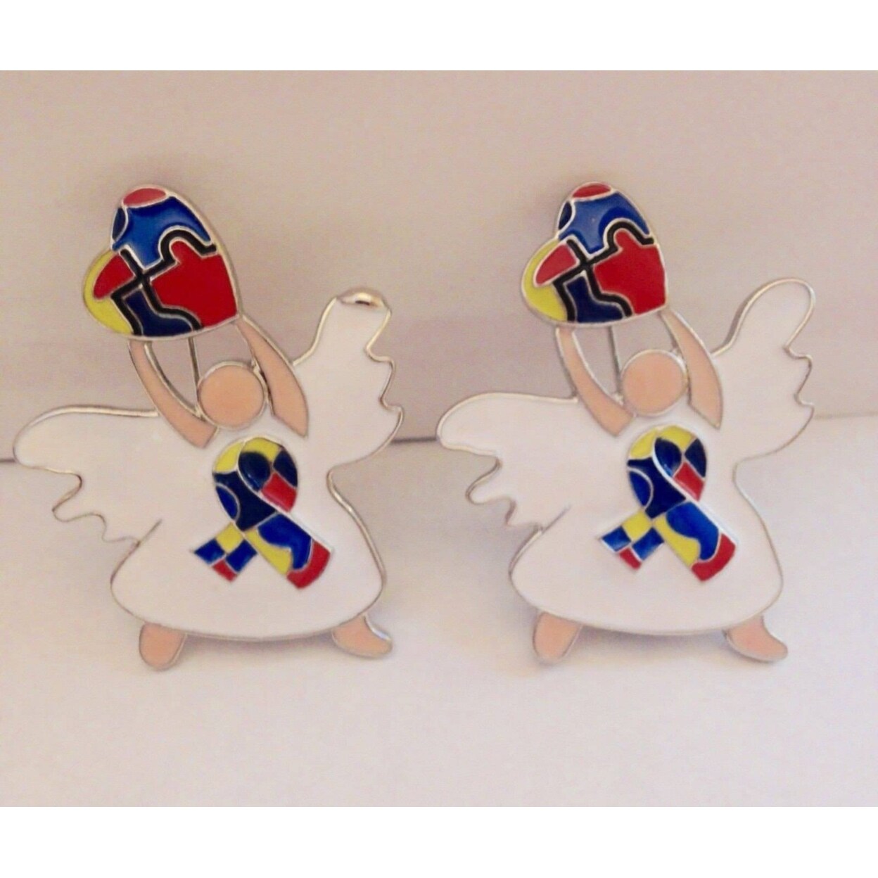 The House of Awareness 2 Autism Awareness Angel Brooches with White Dresses and Hearts