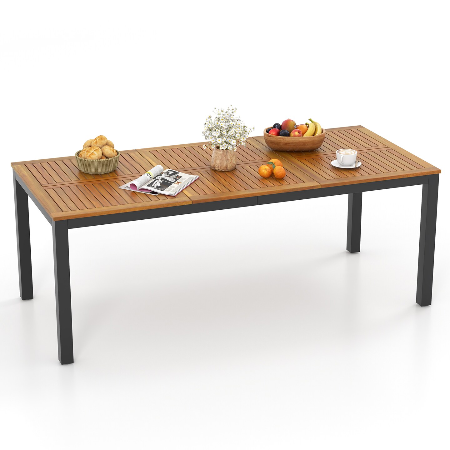 Costway 79&#x22; Acacia Wood Patio Table 8-Person Outdoor Dining Table with Umbrella Hole
