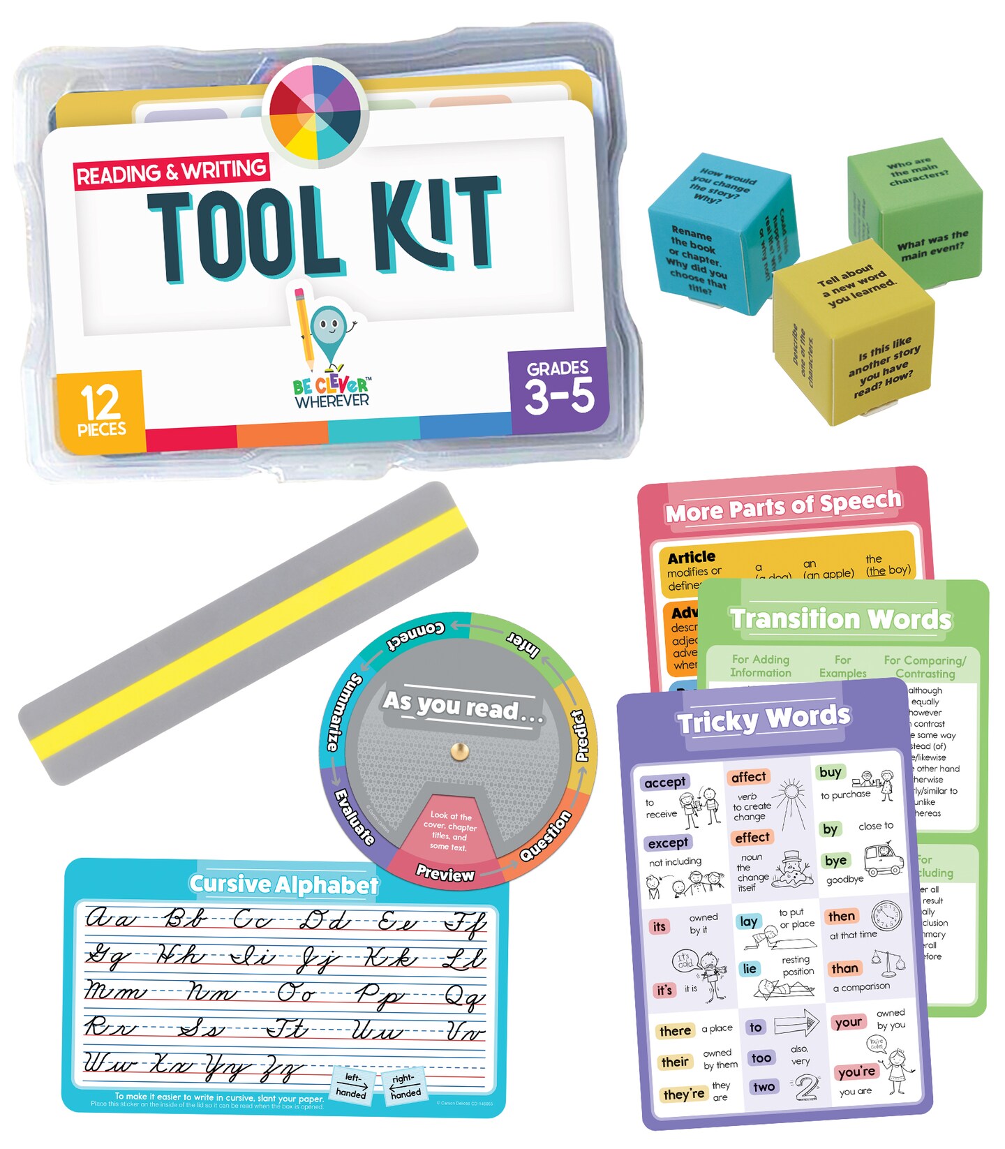 Carson Dellosa 12-Piece Be Clever Wherever Grades 3-5 Reading and Writing Tool Kit, Alphabet Sticker, Spin Wheel, Dice Game, and More Language Arts Manipulative's