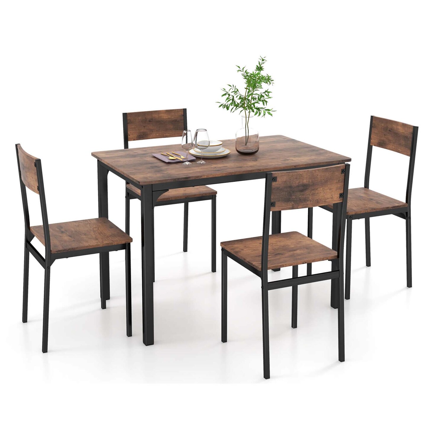 Costway 5 Piece Dining Table Set Industrial Style Kitchen Table &#x26; Chairs for 4 Brown