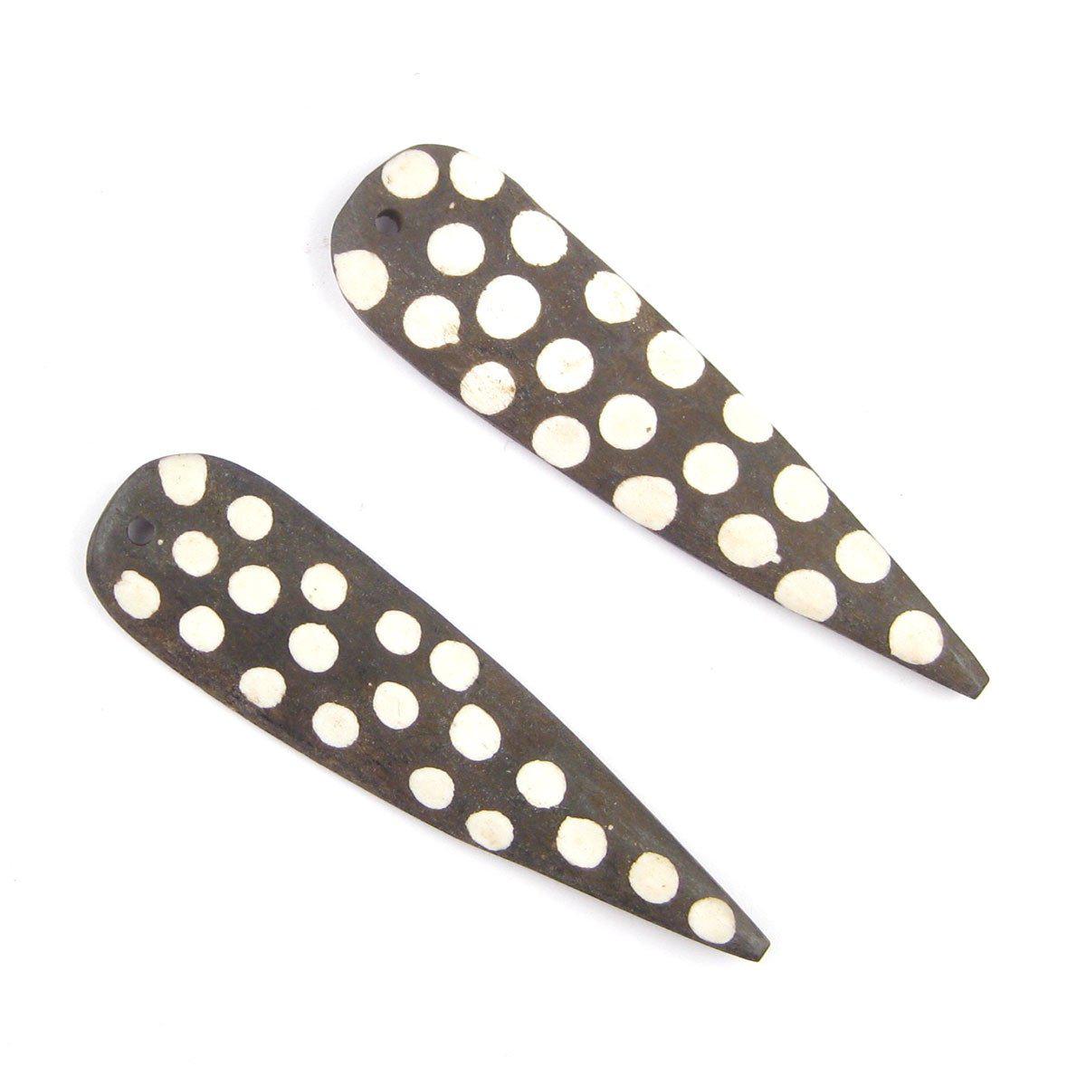 TheBeadChest Batik Bone Polka Dot Feather Pendants Set of 2 Kenya African Black and White Large Hole Handmade