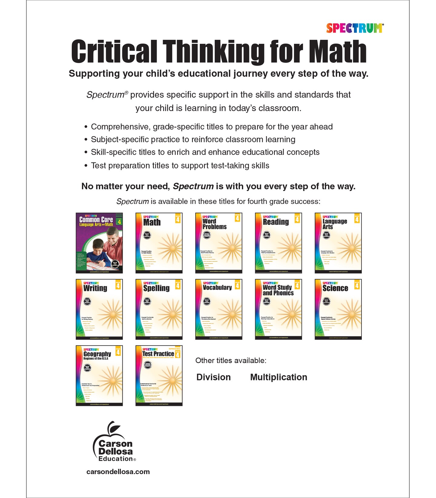 Spectrum Grade 4 Critical Thinking for Math Workbook, Multiplication, Division, Fractions, Decimals, Geometry, and More Mathematics, Classroom or Homeschool Curriculum