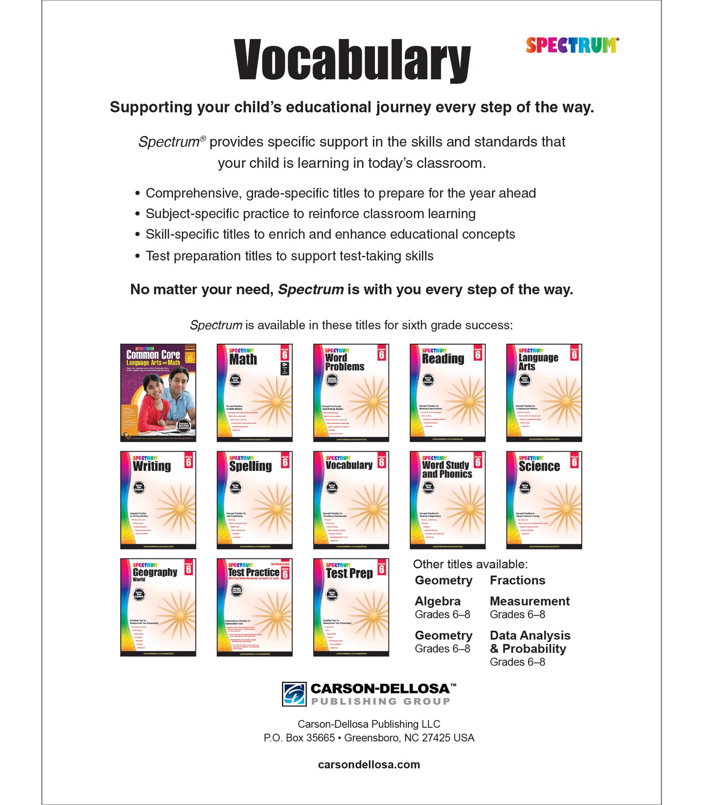 Spectrum Grade 6 Vocabulary Workbooks, Ages 11 to 12, 6th Grade Vocabulary Workbook, Vocabulary Analogies, Dictionary Skills, Roots and Affixes, and Context Clues - 160 Pages