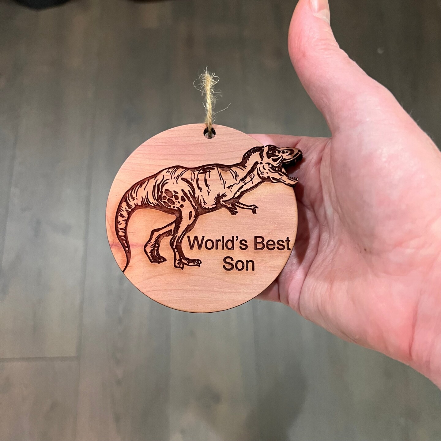 TRex Dinosaur Worlds Best Son - Cedar Ornament TRex Dinosaur Worlds Best Son - Cedar Ornament
