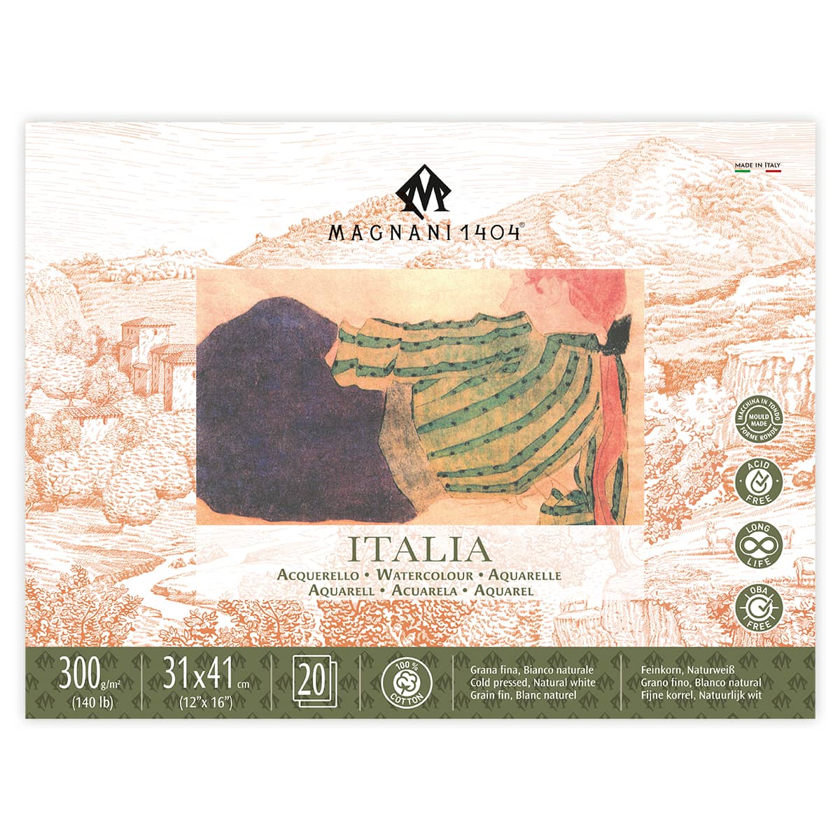Magnani 1404 Italia Cold Press 100% Cotton Watercolor Paper Block, 20 Sheets, 140 lb, Acid-Free, UV Resistant, Vegan Sized Water Color Paper for Artists, Made in Italy