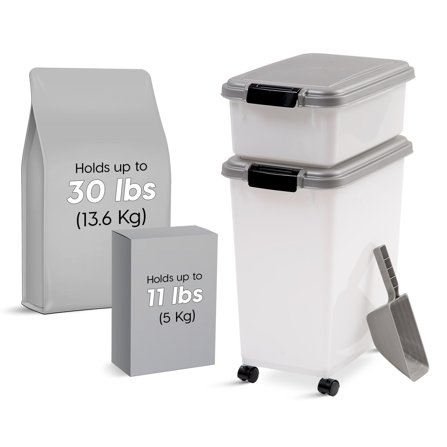 IRIS USA 30lbs+11lbs Airtight Pet Food Storage Container Combo with Scoop and Casters, up to 41lbs