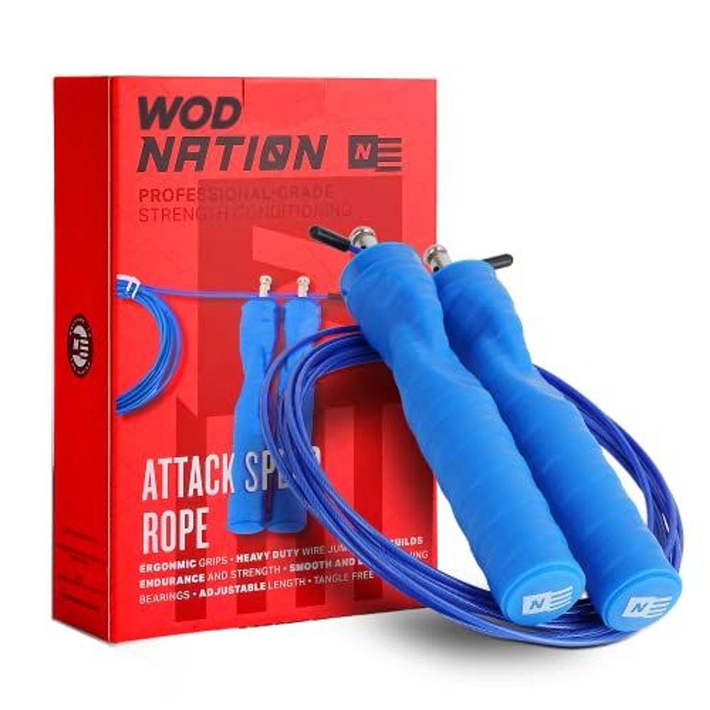 WOD Nation Adjustable Attack Speed Jump Rope for Women &#x26; Men - Tangle Free 3.3mm Skipping Rope Perfect for Exercise &#x26; Fitness - Perfect for Home &#x26; Gym Workouts - Blue