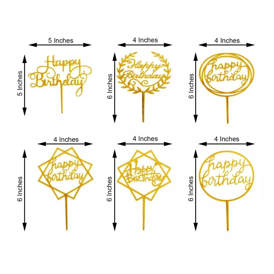 6&#x22; Gold Assorted Acrylic Happy Birthday Cake Toppers