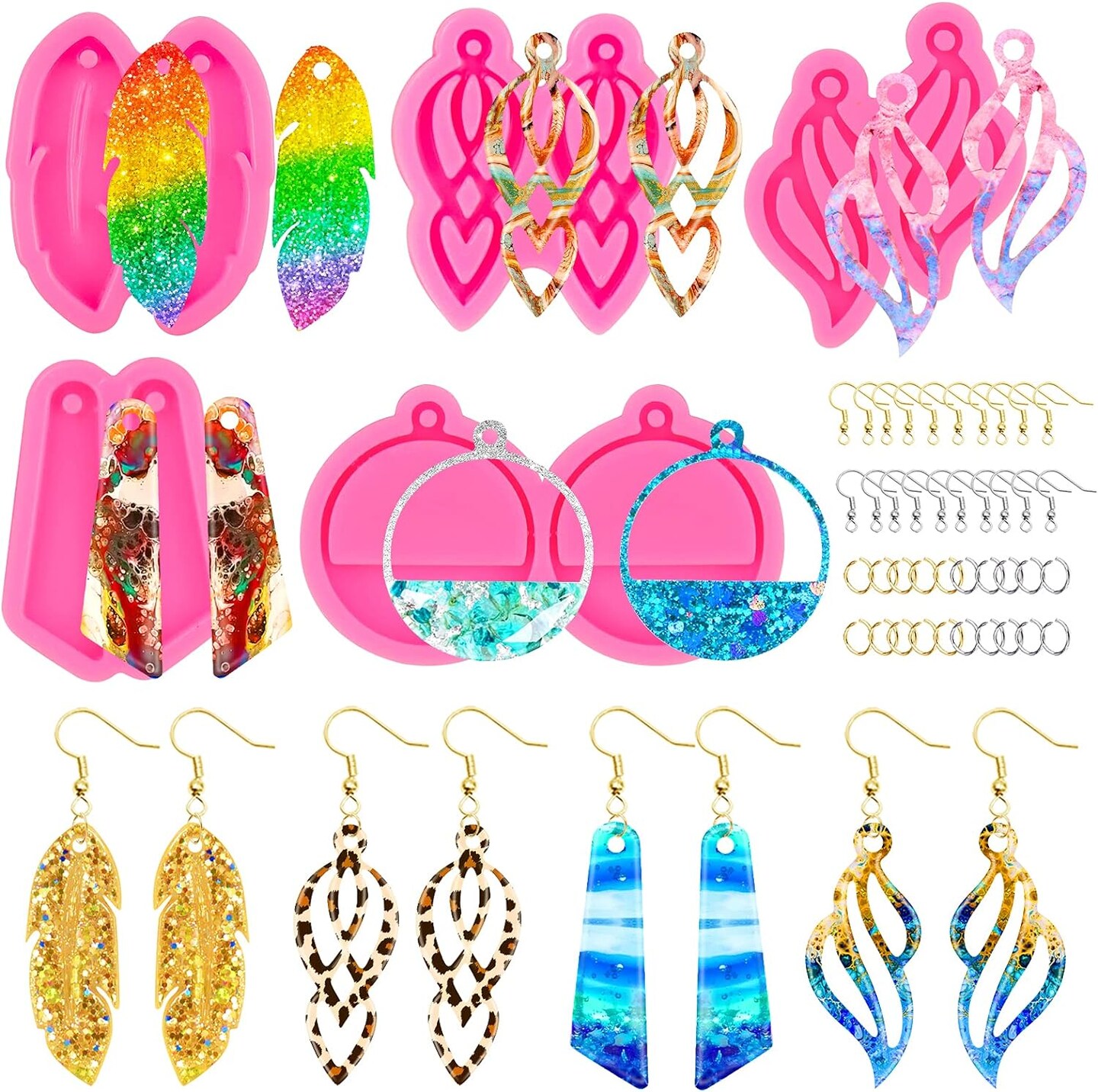 95pcs Resin Jewelry Molds Kit, 5 Pairs Earring Silicone Molds Epoxy Casting Molds with Hole, Sets of Earring Hooks, Jump Ring, Eye Pins for Resin Jewelry, Pendant, Key Chains