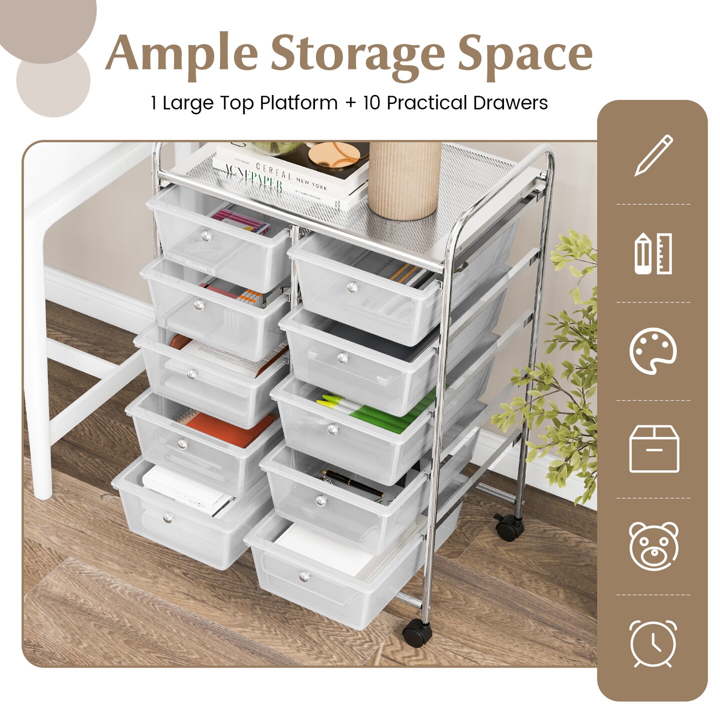 10 Drawer Rolling Storage Cart with Lockable Wheels Metal Frame Organizer for Office Classroom Craft Room Storage
