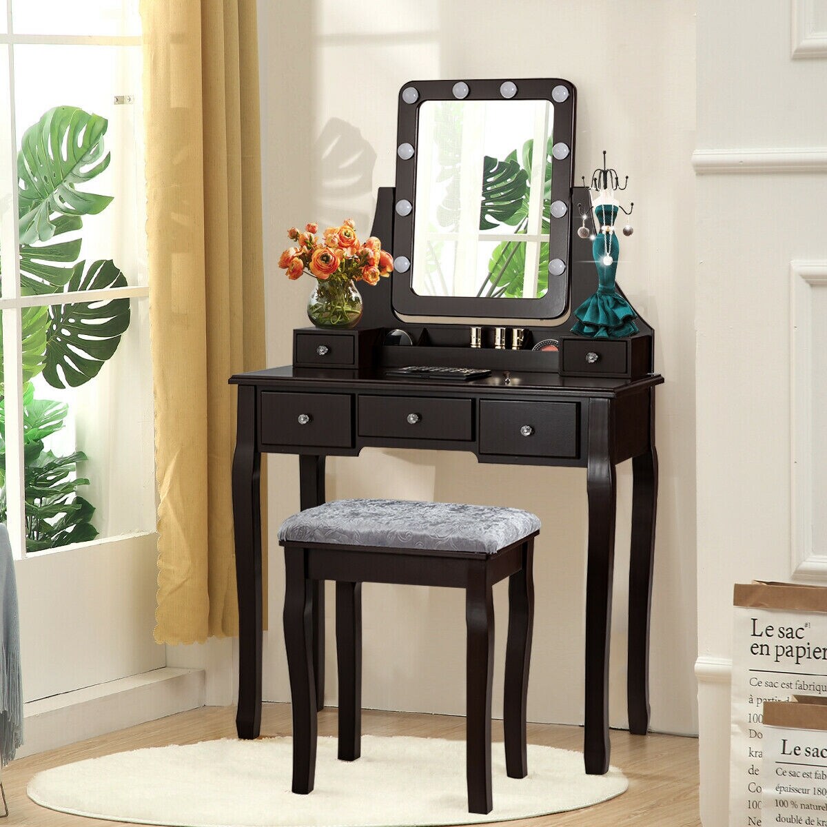 Vanity Dressing Table Set with 10 Dimmable Bulbs and Cushioned Stool
