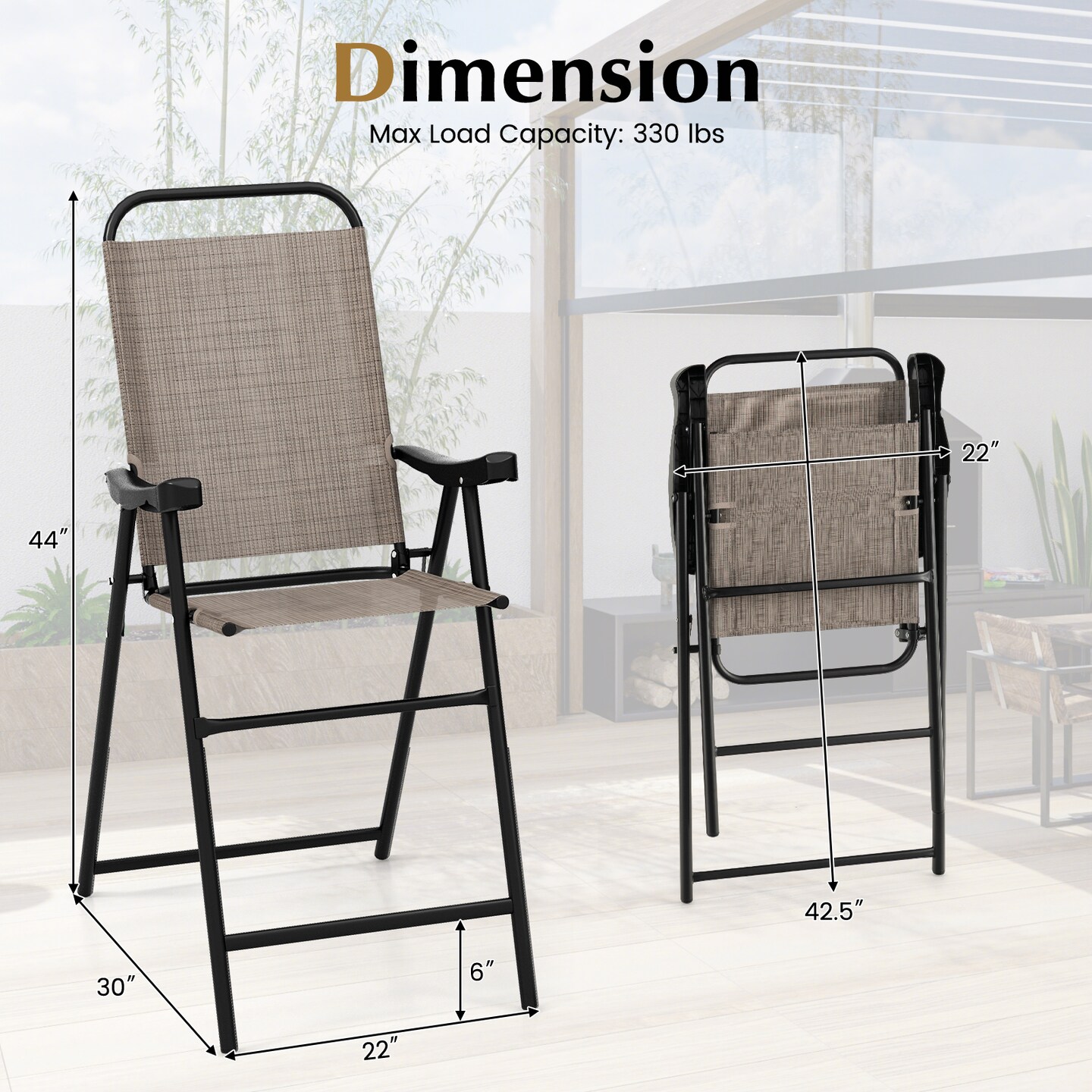 Patio Folding Bar Stool Set Of 2 With Metal Frame And Footrest