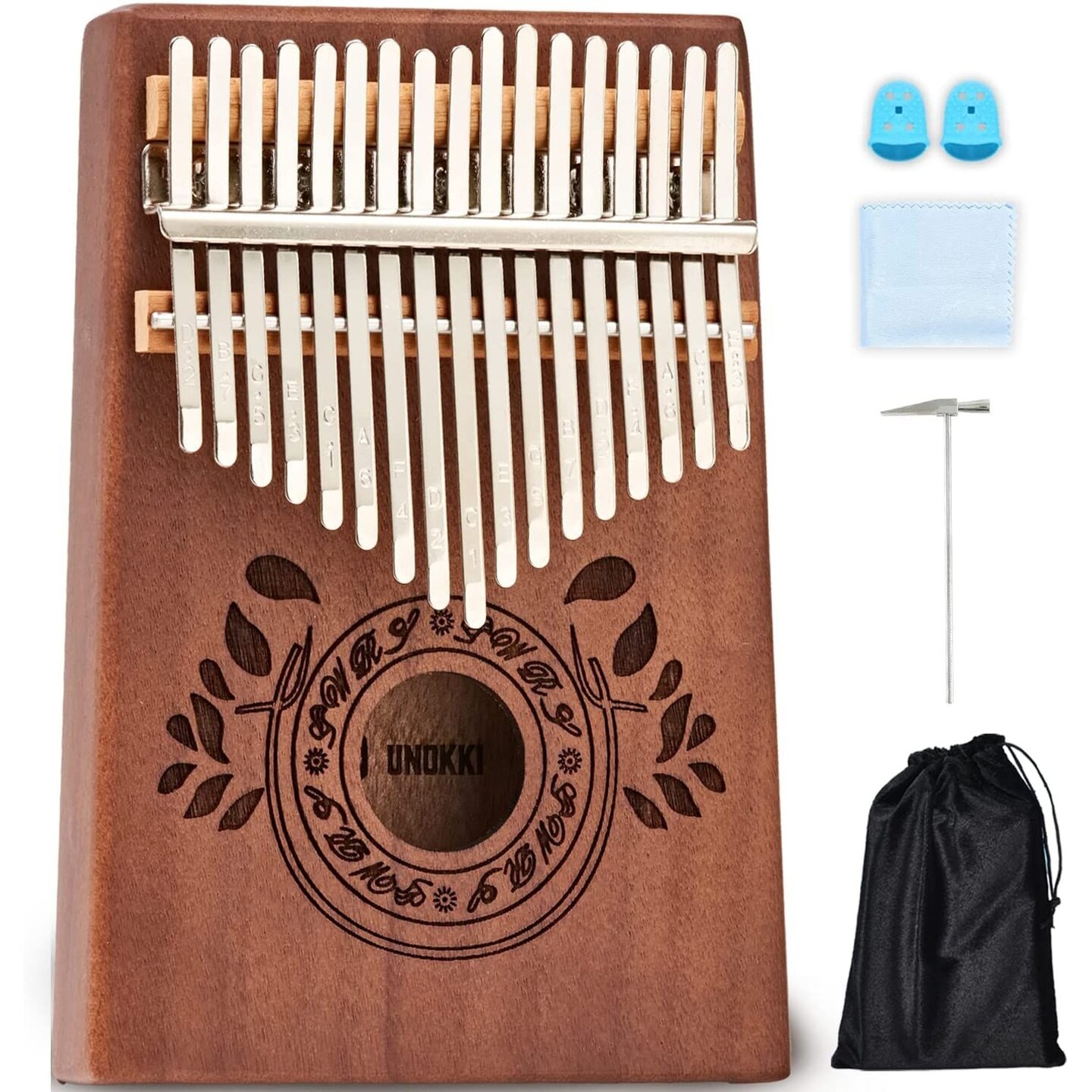 UNOKKI Kalimba 17 Key Thumb Piano, Portable Mahogany Mbira Piano with Instruction, Carrying Bag &#x26; Tune Hammer, Reduces Stress &#x26; Promotes Well-being, Gift for Kids, Men, Music Lovers - Chocolate Brown
