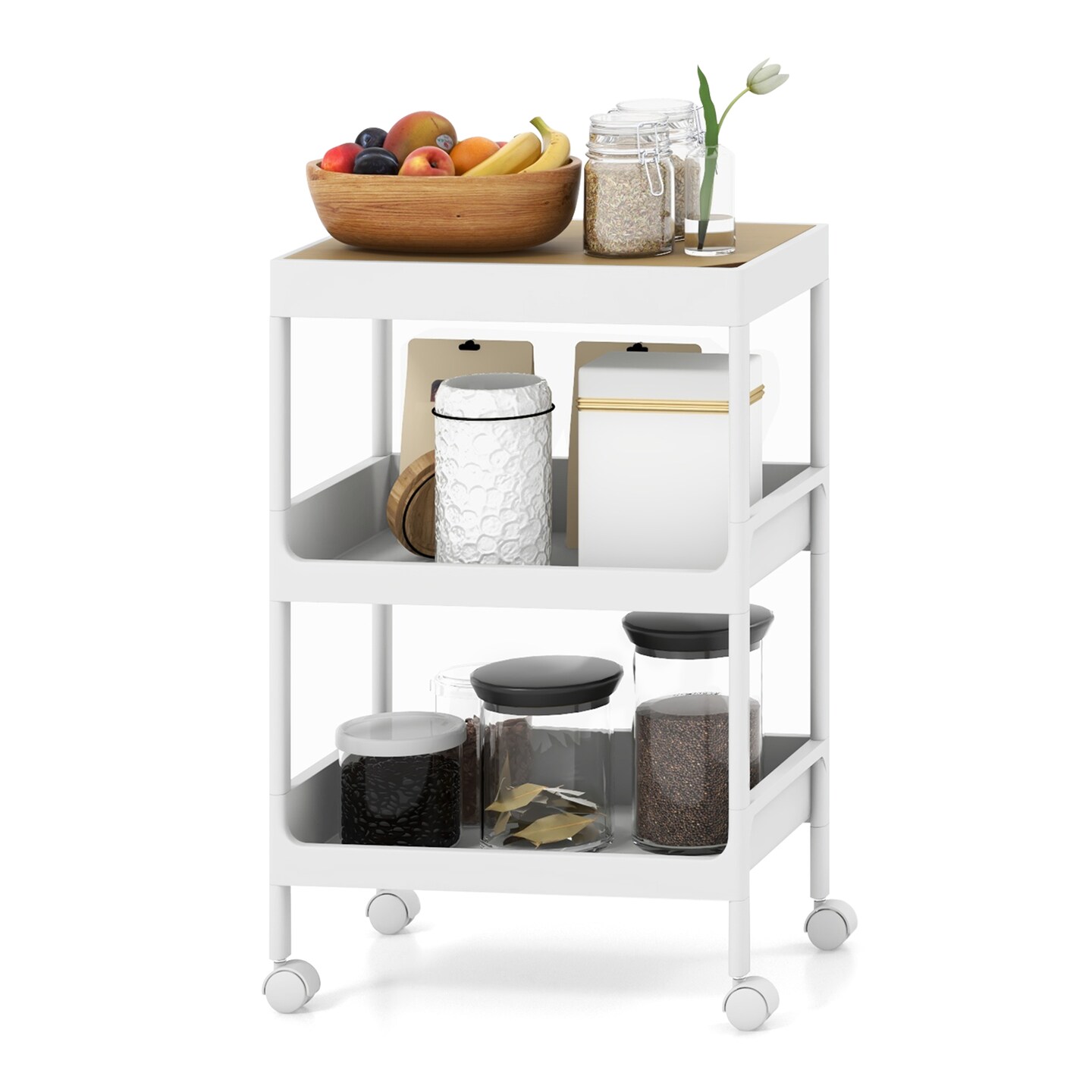 Utility Rolling Cart With Detachable Tray Top And Locking Wheels-3-tier