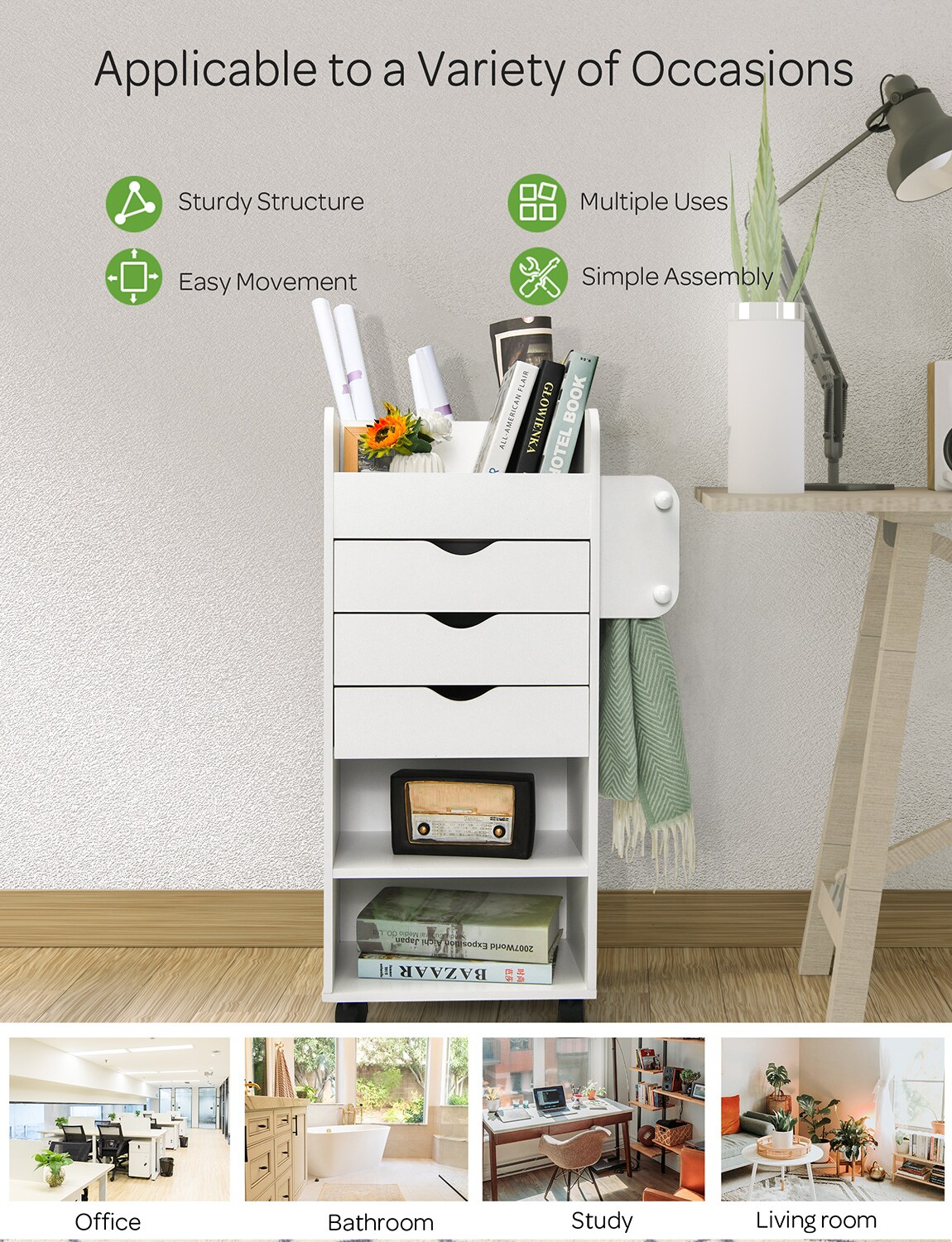 Wooden Utility Rolling Craft Storage Cart With Lockable Casters-white