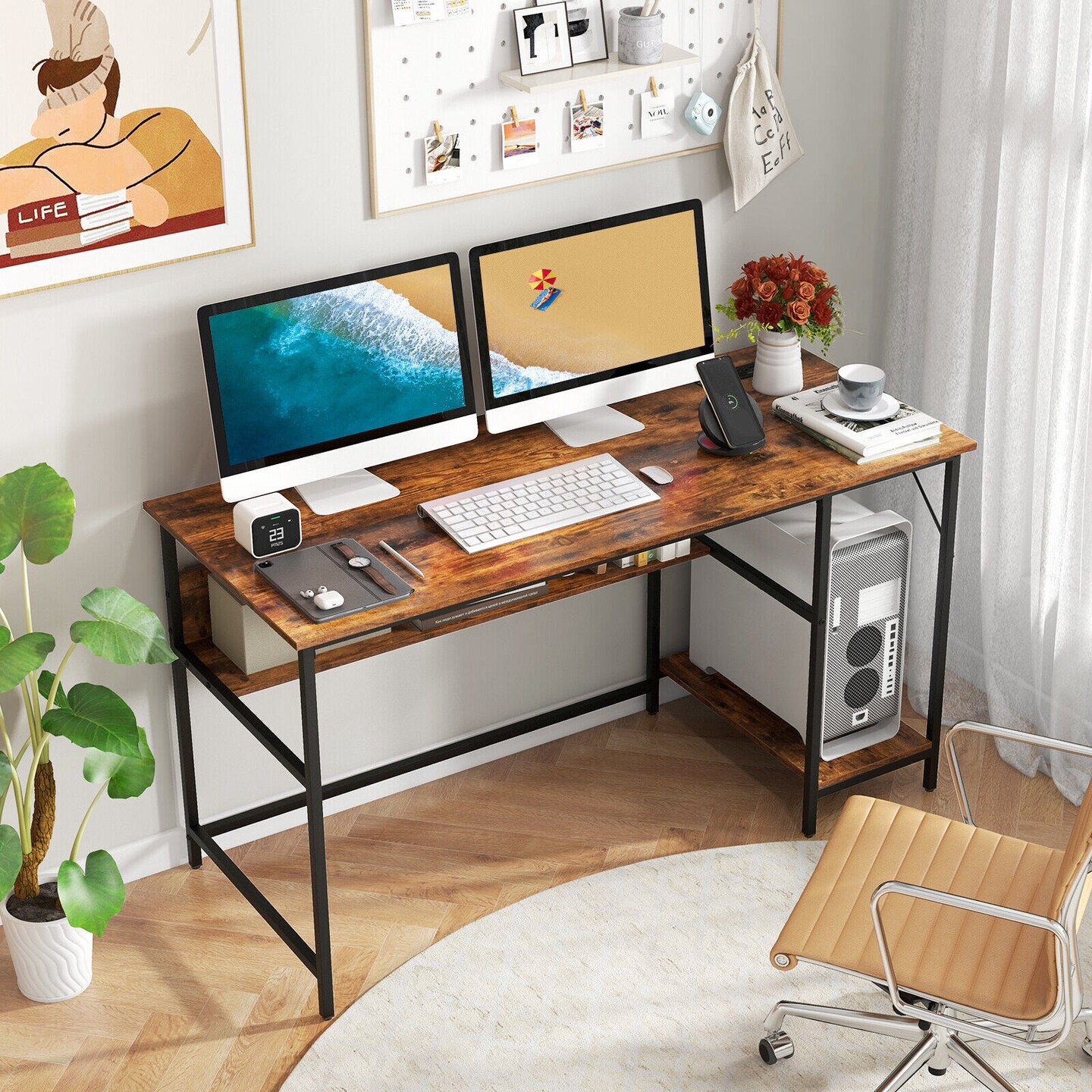 55 Inches Computer Desk With Charging Station-Brown