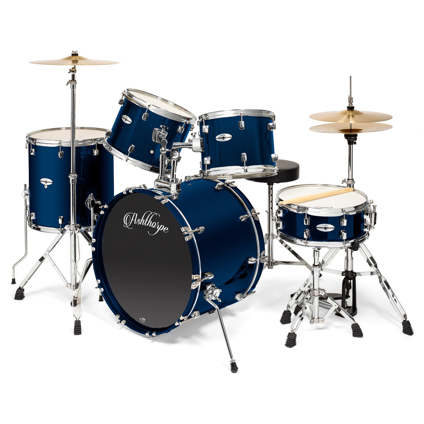 Ashthorpe 5-Piece Full Size Adult Drum Set with Remo Heads & Premium Brass Cymbals - Complete Professional Percussion Kit with Chrome Hardware