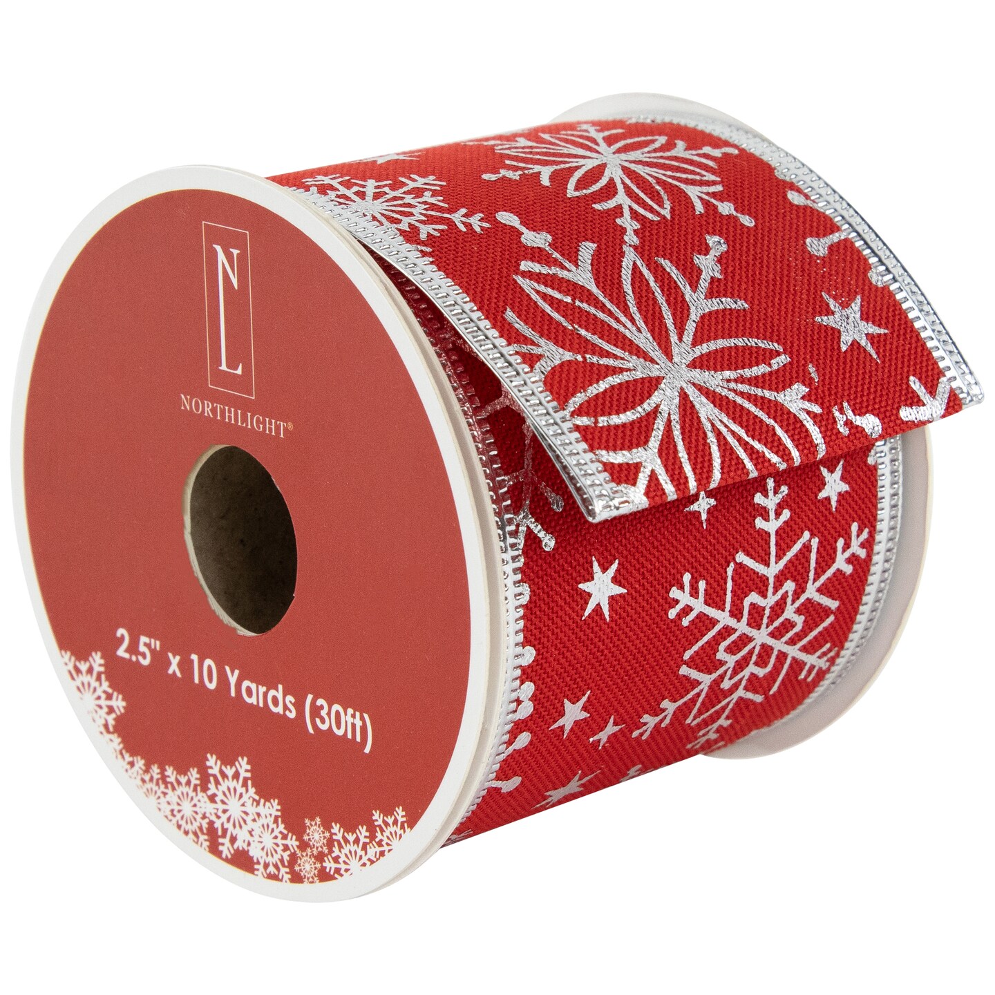 Northlight Shimmering Red with Silver Snowflakes Wired Craft Christmas Ribbon 2.5&#x22; x 10 Yards