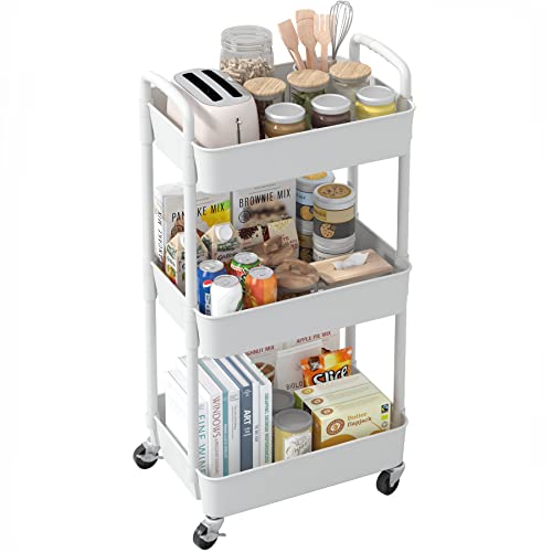 Sywhitta 3-Tier Plastic Rolling Utility Cart with Handle, Multi-Functional  Storage Trolley for Office, Living Room, Kitchen, Movable Storage Organizer