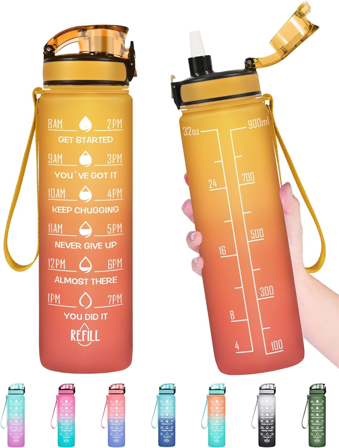 32 Oz Water Bottle Leakproof BPA Toxic Free Motivational Water Bottle with Times to Drink and Straw Fitness Sports Water Bottle with Strap for