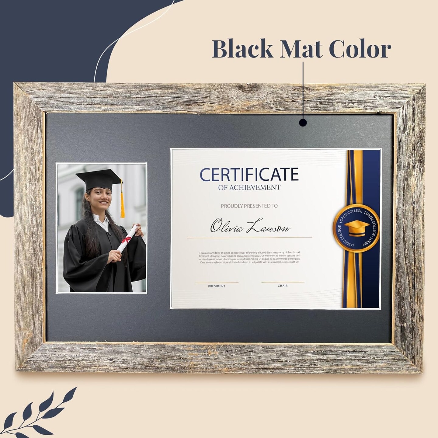 Rustic Farmhouse 12 x 18 Graduation Diploma Frame with Mat, fitted for 5 x 7 Cap &#x26; Grown Photo and 8.5 x 11 Diploma Certificate Display