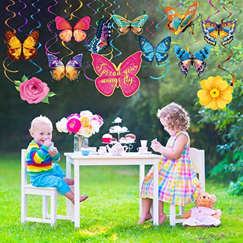 30 Pieces Butterfly Flowers Hanging Swirl Decorations Summer Butterfly Floral Baby Shower Foil Ceiling Streamers for Women Girl Kids Wedding Birthday Mother's Day 1st Birthday Party Supplies (Elegant)