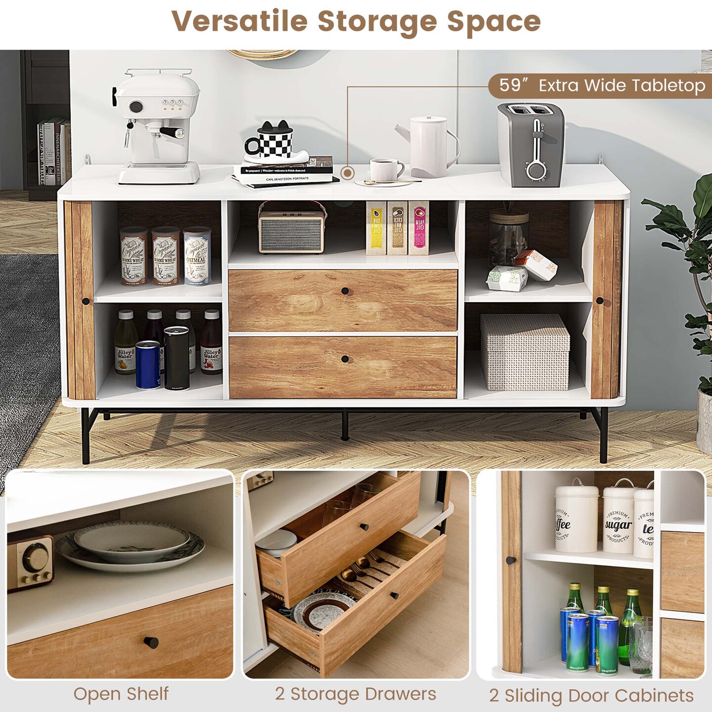 Costway Buffet Sideboard Versatile TV Stand with Sliding Tambour Doors & 2 Storage Drawers