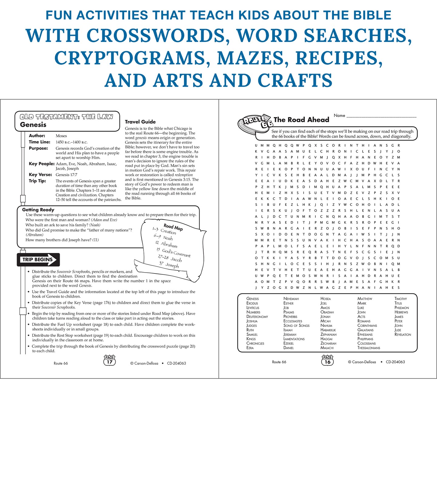 Carson Dellosa Route 66: Bible Study Workbook for Kids, Activity Book With Biblical Crossword Puzzles, Word Search, Mazes, and Sunday School Crafts for Kids Grades 2-5