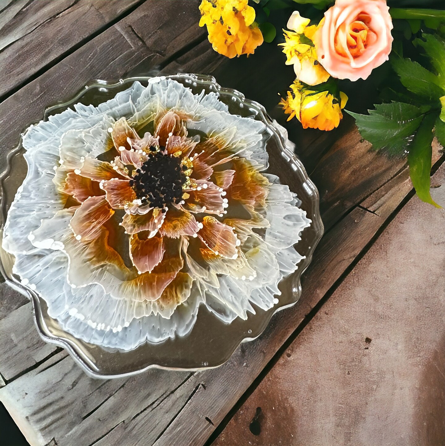 Handmade Orange Flower Resin Coasters Sets Wedding Housewarming