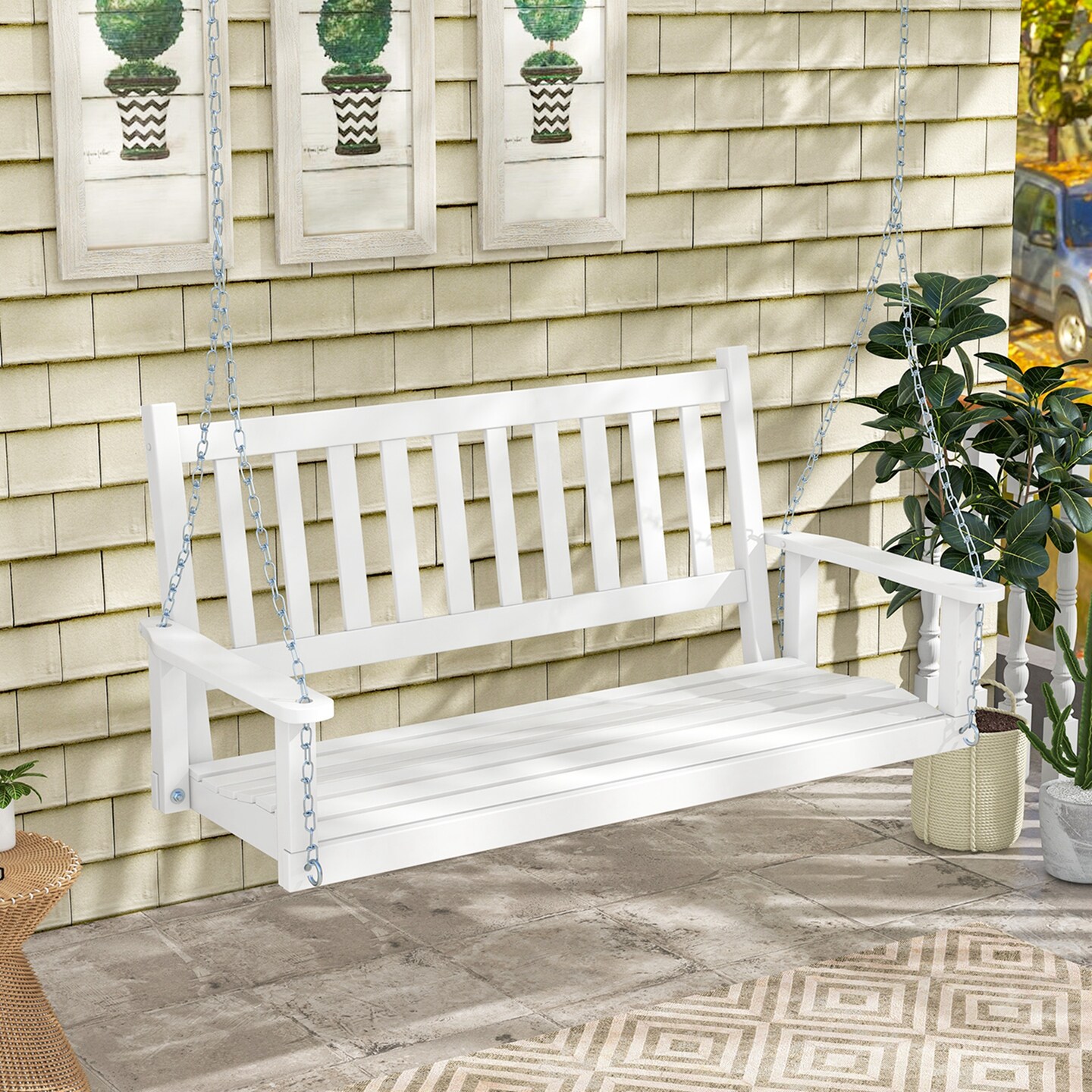 Costway 3-Person Wooden Outdoor Porch Swing Heavy Duty Patio Hanging Bench Chair Brown/White