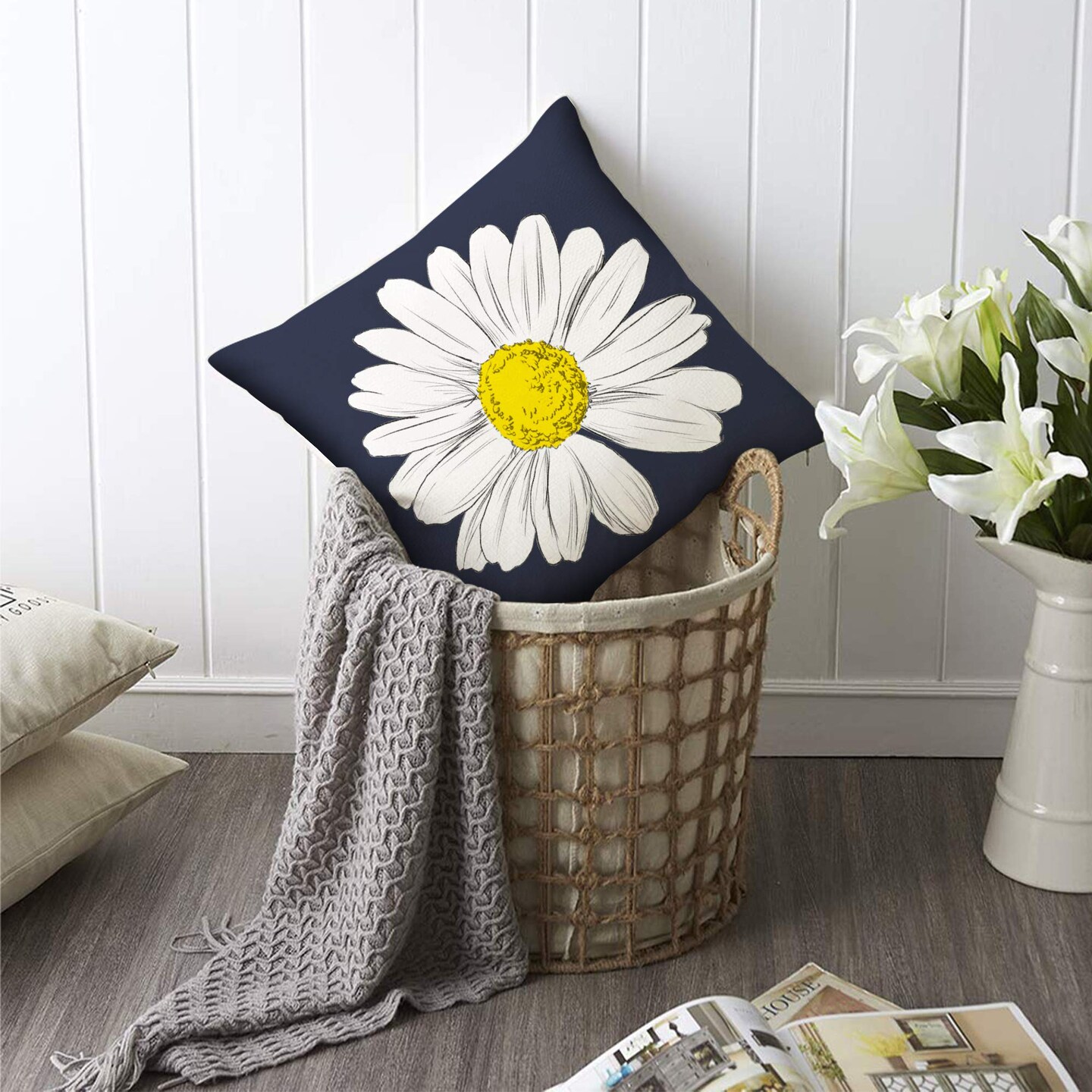 Decorative Dark Blue Pillow Covers 16x16 Inch Set of 4, Spring Summer Decorations for Home Sunflower Decor Pillows Blue Pillow Covers for Couch Sofa Indoor Outdoor Spring Summer Decor